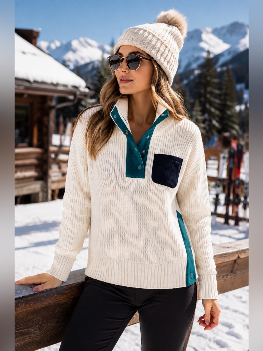 TALBOTS Coolmax Snap-Front Pullover Sweater Cream Teal Navy Size XS Winter Ski